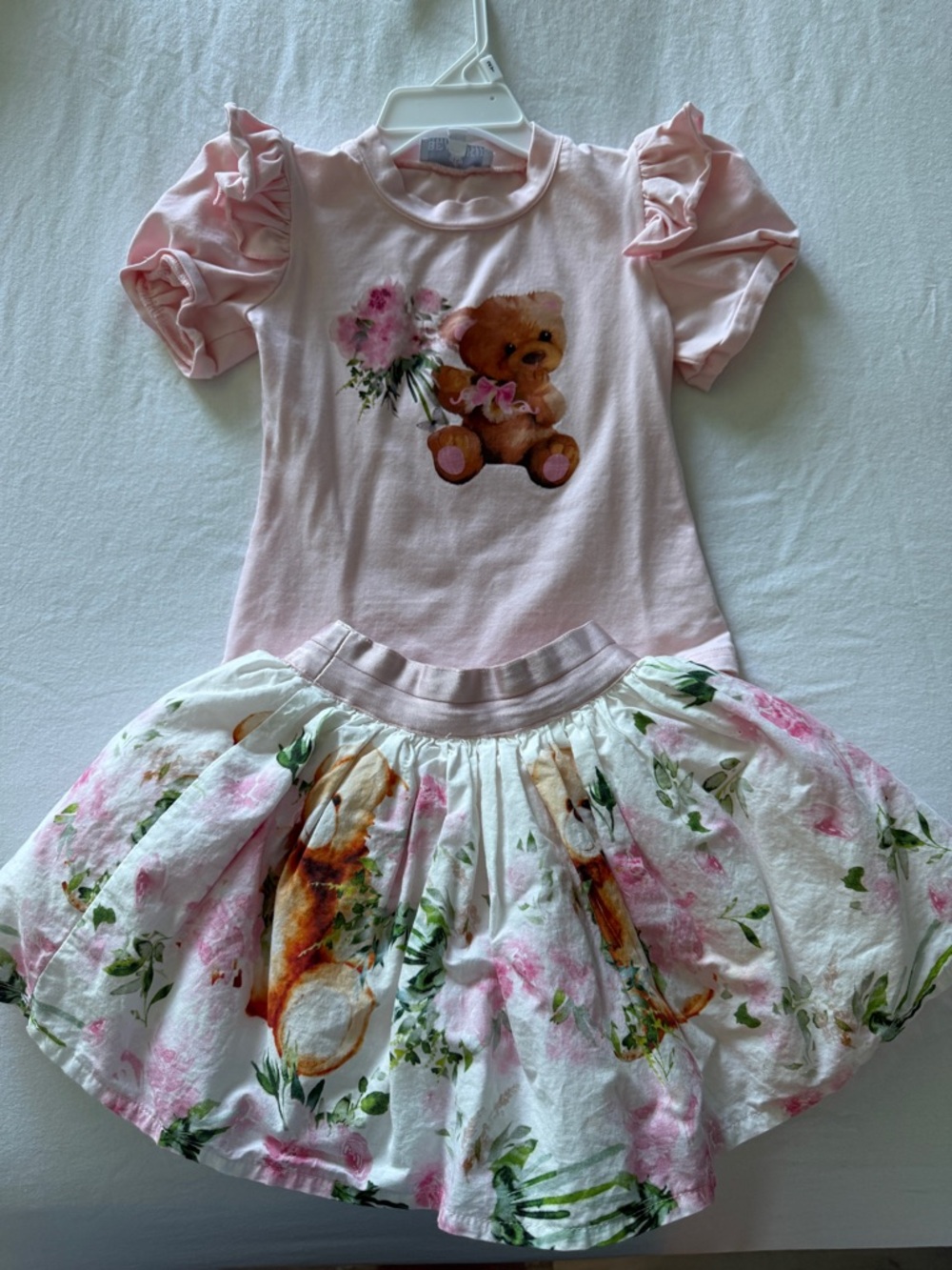 Pink Teddy Bear Floral Two-Piece Dress Set